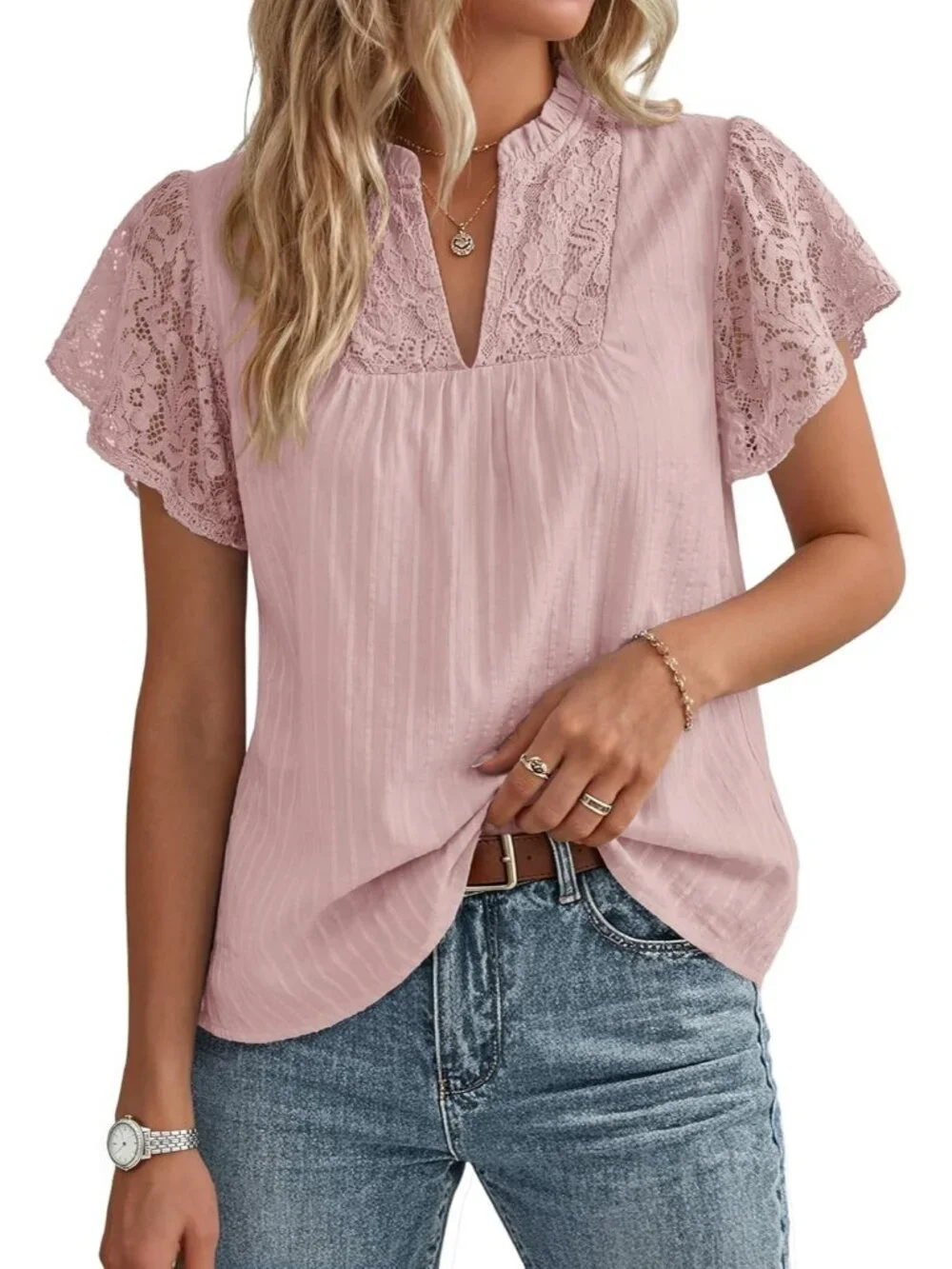 Women's Lace Short Sleeve Tops Summer Dressy Dusty Pink Blouses Flowy V Neck - Picture 1 of 6